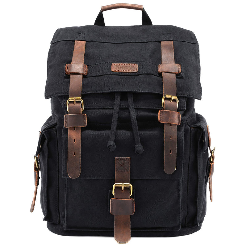 Kattee Men's Canvas Leather Hiking Travel Backpack, Black - backpacks4less.com