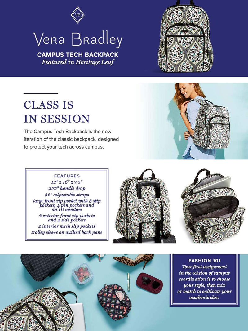 Vera Bradley Quilted Campus Backpack, Signature Cotton (Grey/Paisley Stripes, One Size) - backpacks4less.com