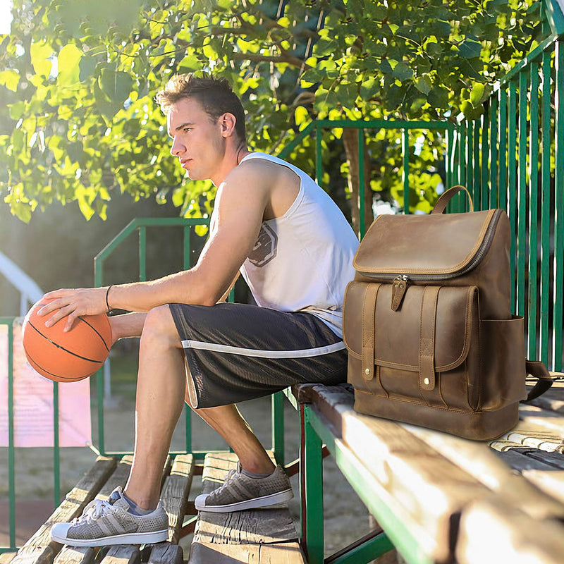 Texbo Vintage Full Grain Cowhide Leather 15.6 Inch Laptop Backpack Travel Office Bag Schoolbag with YKK Metal Zippers - backpacks4less.com