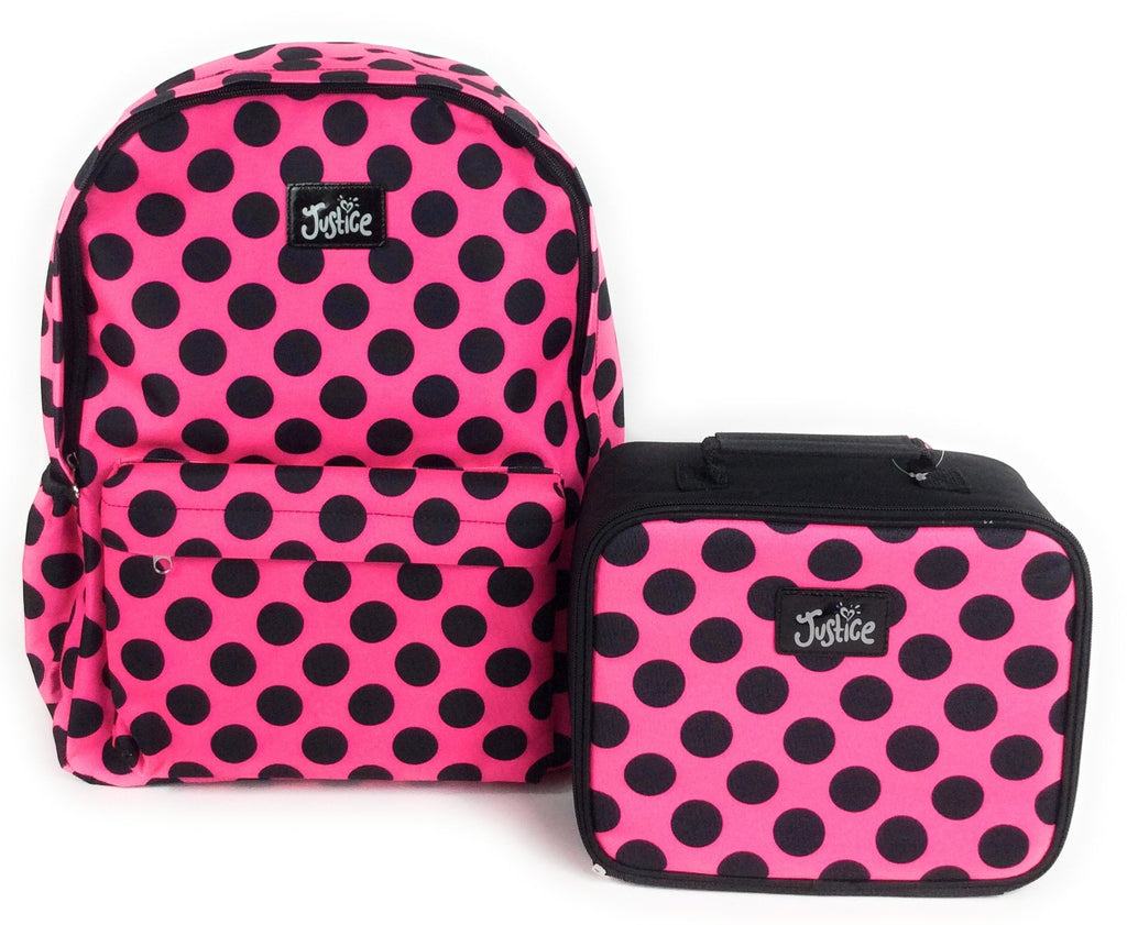 JUSTICE GIRLS CANVAS BACKPACK LUNCH BOX BUNDLE SET PINK W/ POLKA DOTS–