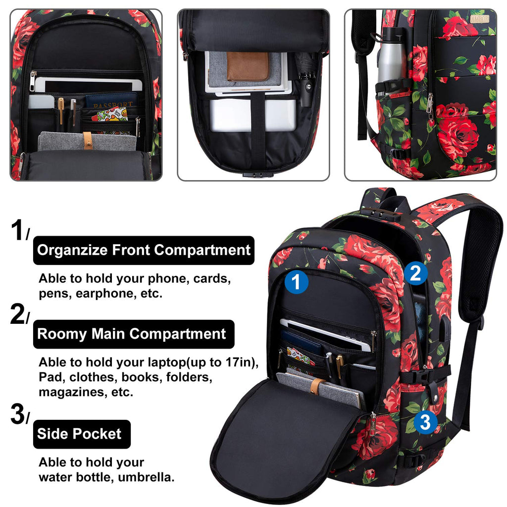 backpack for books without laptop slot Laptop Backpack, 17.3 Inch Anti Theft Travel Business Laptop Backpack Bag with USB Port and Lock, Water Repellent College School Bookbag Computer Backpack Casual Daypack for Women Girls- Flower2