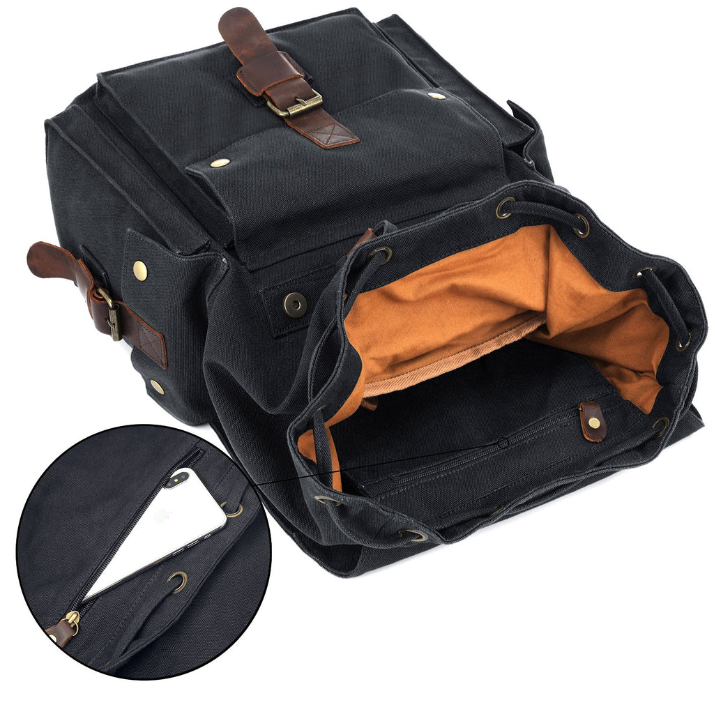 Kattee Men's Canvas Leather Hiking Travel Backpack, Black - backpacks4less.com