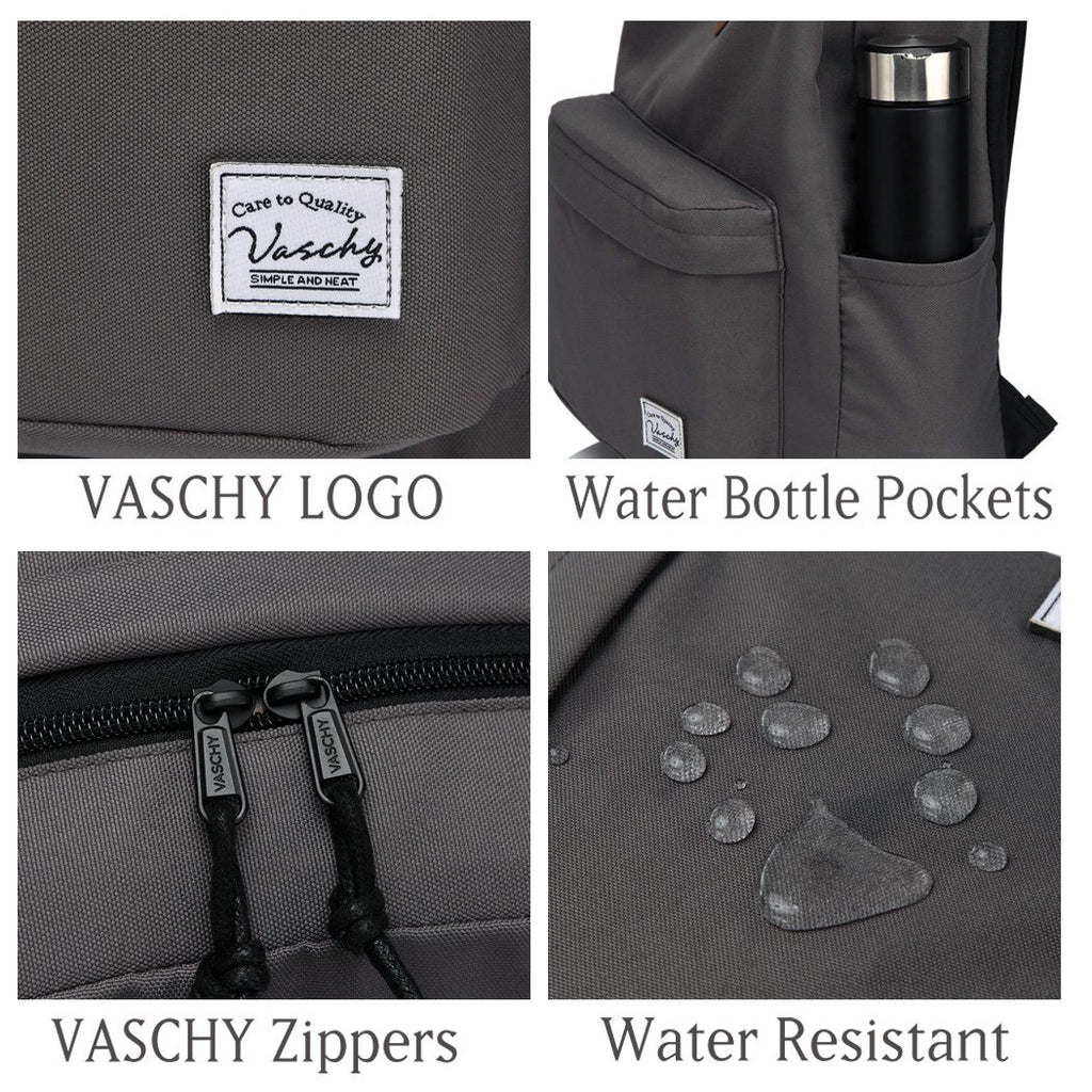 herschel backpack with water bottle holder Lightweight Backpack for School, VASCHY Classic Basic Water Resistant Casual Daypack for Travel with Bottle Side Pockets (Gray)