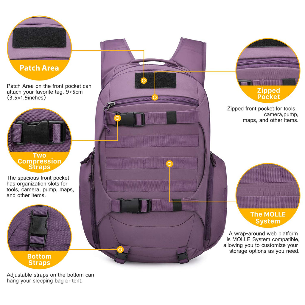 molle tent bag Mardingtop 28L Tactical Backpacks Molle Hiking daypacks for Camping Hiking Military Traveling 28L-Purple