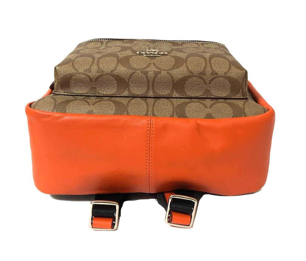 coach backpack orange Siopaella Designer Exchange Refined pebble leather Inside zip cell phone and multifunction pockets Inside tech sleeve Drawstring and snap closures recycled polyester lining Top handle with 3 1/4 drop Outside zip and flap pockets Adjustable shoulder straps Luggage sleeve Fits a 15 laptop 11 1/4 (L) x 18 (H) x 6 1/2 (W) Style No. Coach Orange and Brown Tropical