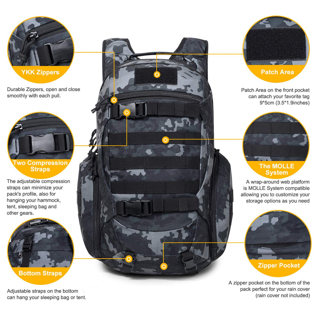 Mardingtop 28L Tactical Backpacks Molle Hiking daypacks for Camping Hiking Military Traveling Motorcycle (28L-Black Multicam) - backpacks4less.com