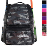 Athletico Baseball Bat Bag - Backpack for Baseball, T-Ball & Softball Equipment & Gear for Youth and Adults | Holds Bat, Helmet, Glove, Shoes |Shoe Compartment & Fence Hook (Gray Camo) - backpacks4less.com