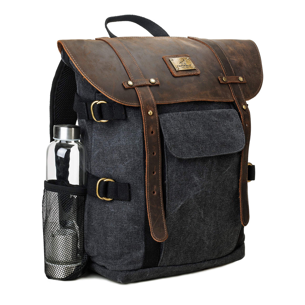 amazon mens leather backpacks Leather Backpack for Men TOPWOLFS Canvas Backpack Vintage Rucksack fit 15.6" Laptop Anti-theft Pocket Multifunction Books School Travel Bag (Black&Brown Leather)