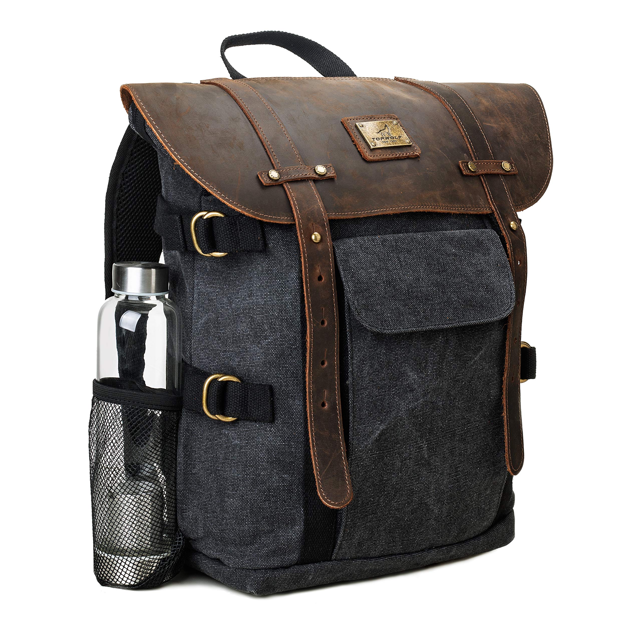 Leather Backpack for Men TOPWOLFS Canvas Backpack Vintage Rucksack