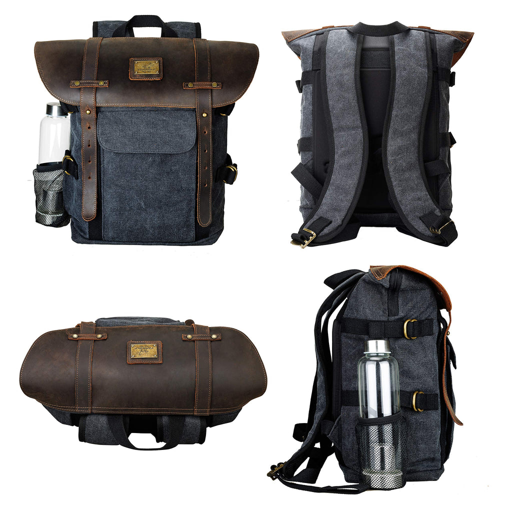 canvas leather backpack amazon Leather Backpack for Men TOPWOLFS Canvas Backpack Vintage Rucksack fit 15.6" Laptop Anti-theft Pocket Multifunction Books School Travel Bag (Black&Brown Leather)