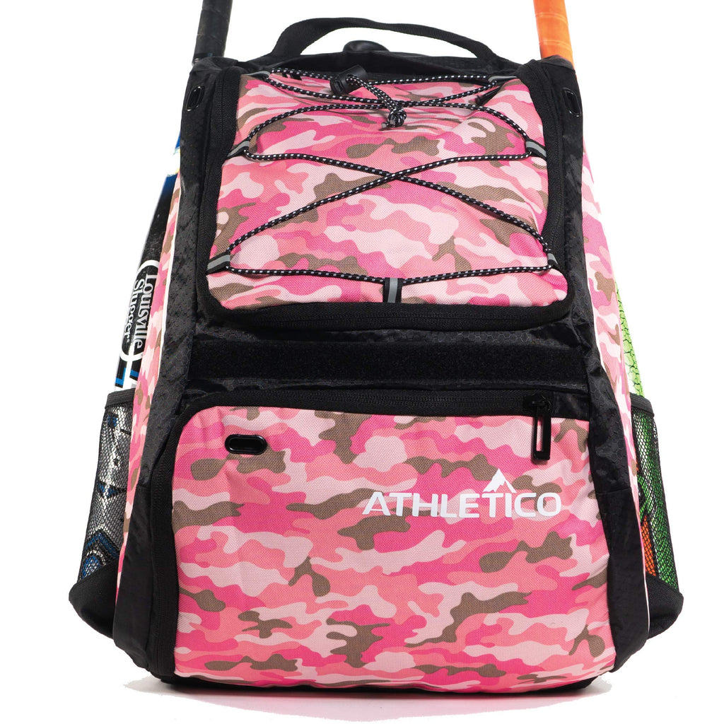 Athletico Baseball Bat Bag - Backpack for Baseball, T-Ball & Softball Equipment & Gear for Youth and Adults | Holds Bat, Helmet, Glove, Shoes |Shoe Compartment & Fence Hook (Pink Camo) - backpacks4less.com