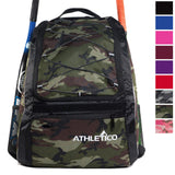 Athletico Baseball Bat Bag - Backpack for Baseball, T-Ball & Softball Equipment & Gear for Youth and Adults | Holds Bat, Helmet, Glove, Shoes |Shoe Compartment & Fence Hook (Green Camo) - backpacks4less.com