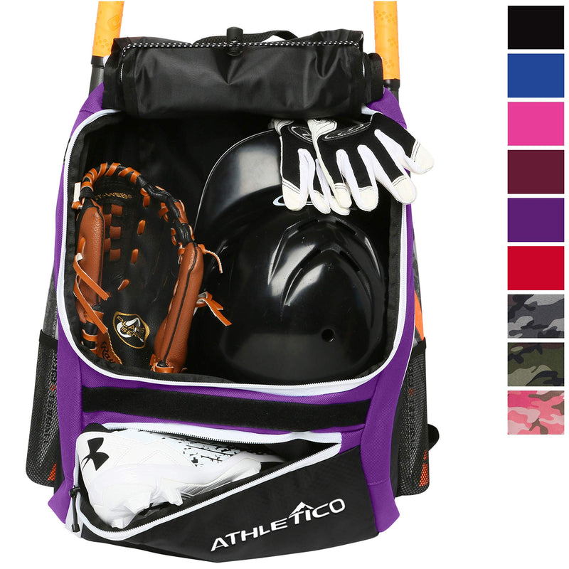 Athletico Baseball Bat Bag - Backpack for Baseball, T-Ball & Softball Equipment & Gear for Youth and Adults | Holds Bat, Helmet, Glove, Shoes |Shoe Compartment & Fence Hook (Purple) - backpacks4less.com