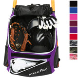 Athletico Baseball Bat Bag - Backpack for Baseball, T-Ball & Softball Equipment & Gear for Youth and Adults | Holds Bat, Helmet, Glove, Shoes |Shoe Compartment & Fence Hook (Purple)