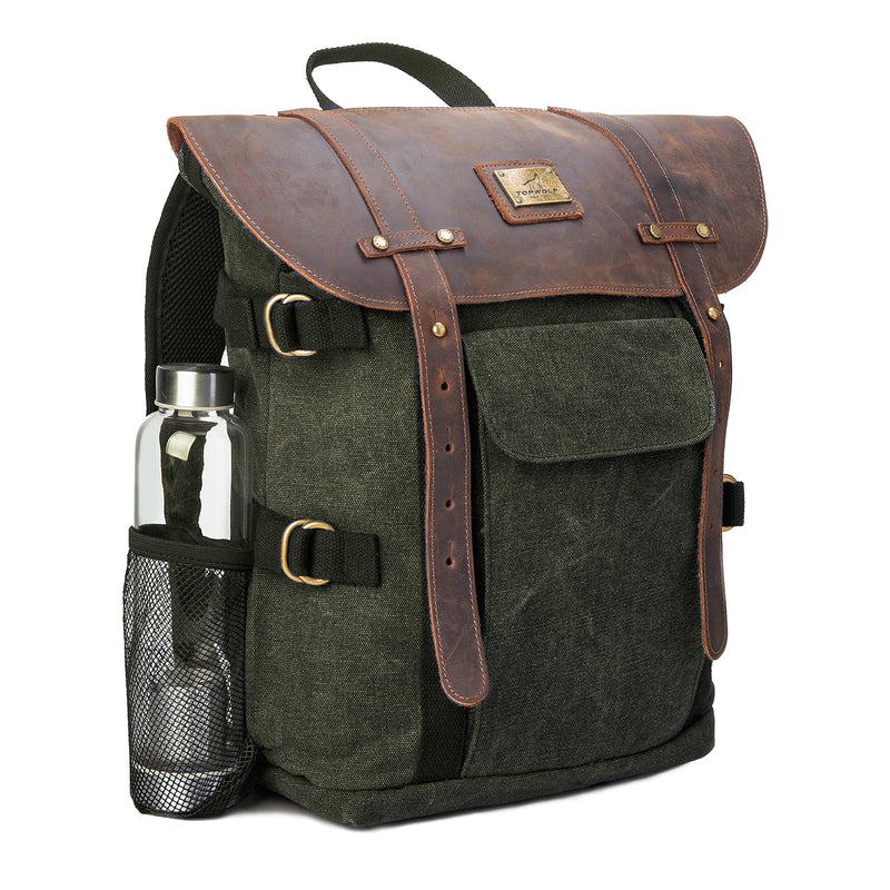 Leather Backpack for Men TOPWOLFS Canvas Backpack Vintage Rucksack fit 15.6" Laptop Anti-theft Pocket Multifunction Books School Travel Bag (Green&Brown Leather) - backpacks4less.com