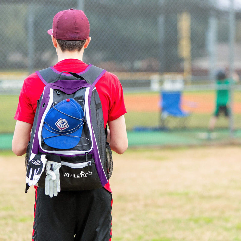 Athletico Baseball Bat Bag - Backpack for Baseball, T-Ball & Softball Equipment & Gear for Youth and Adults | Holds Bat, Helmet, Glove, Shoes |Shoe Compartment & Fence Hook (Purple) - backpacks4less.com