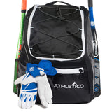 Athletico Baseball Bat Bag - Backpack for Baseball, T-Ball & Softball Equipment & Gear for Youth and Adults | Holds Bat, Helmet, Glove, Shoes | Separate Shoe Compartment, Fence Hook (Black) - backpacks4less.com