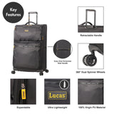 LUCAS Designer Luggage Collection - 3 Piece Softside Expandable Ultra Lightweight Spinner Suitcase Set - Travel Set includes 20 Inch Carry On, 24 Inch & 28 Inch Checked Suitcases (Black)