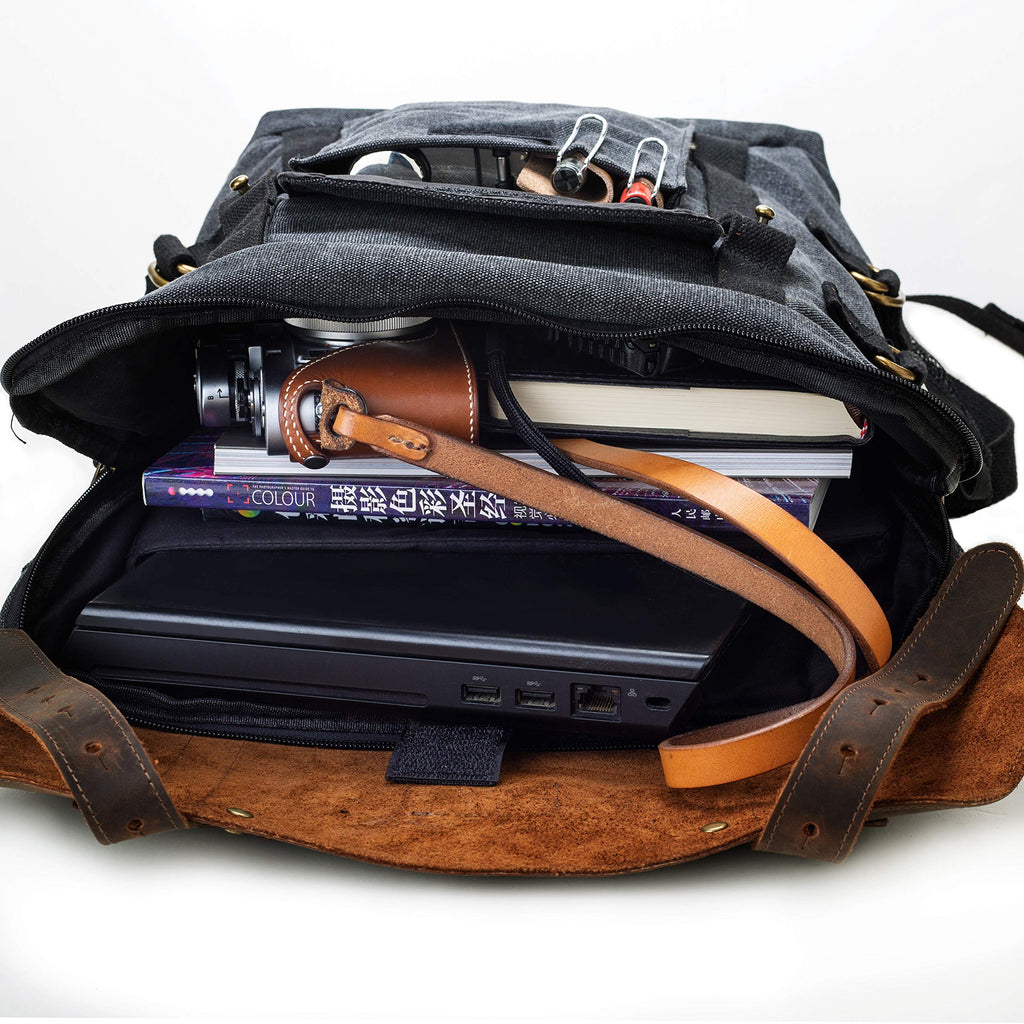 Leather Backpack for Men TOPWOLFS Canvas Backpack Vintage Rucksack fit 15.6" Laptop Anti-theft Pocket Multifunction Books School Travel Bag (Black&Brown Leather) - backpacks4less.com